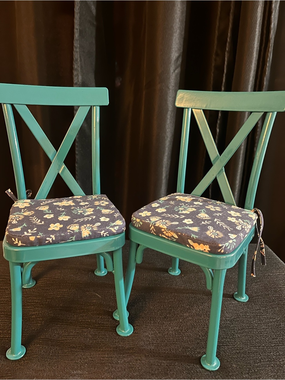 American Girl Teal Chairs with Navy Floral Cushions
